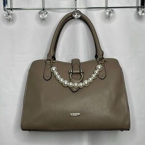 Chaps Tan Taupe Satchel Handbag | FREE Pearl Charm